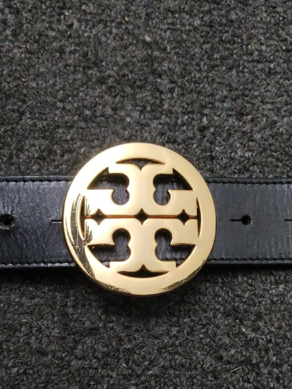 Tory Burch Black Leather Belt with Gold Logo Disc Buckle